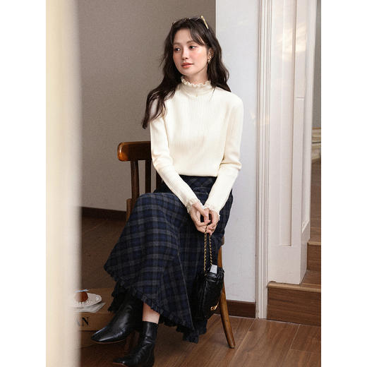 鹿向南「月光手书」杏色半高领针织衫女早秋宽松正肩打底长袖上衣 商品图1