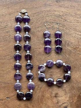 紫水晶扁圆珠首饰三件套组，顺丰包邮
