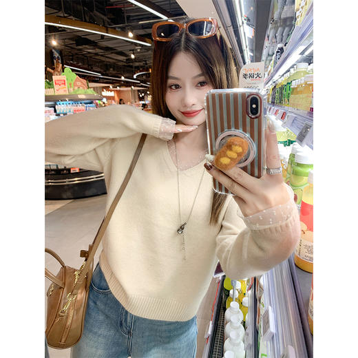 【129元任选2件】现货！蕾丝拼接长袖针织衫 商品图0