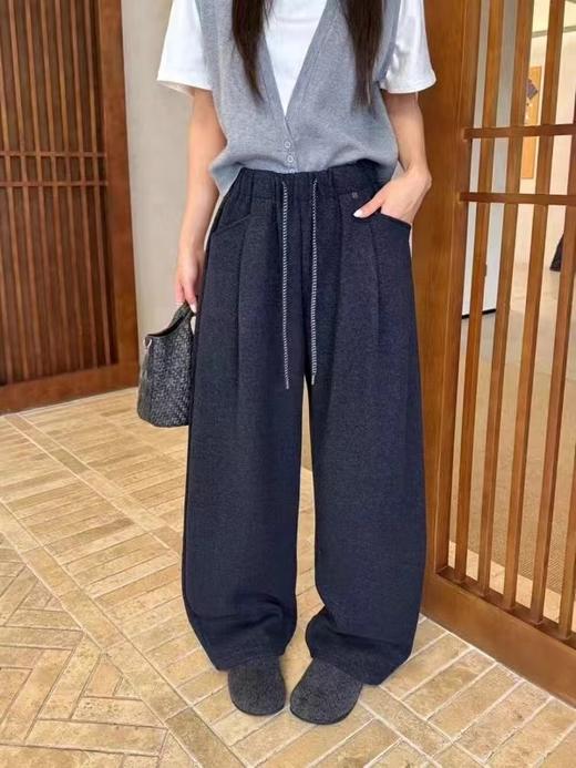D110914加绒保暖毛呢直筒休闲裤女高腰抽绳宽松百搭呢子长裤 商品图4
