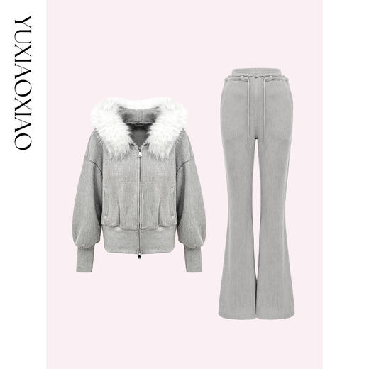 余潇潇【长岛假期】可拆毛领双拉链亮丝短款针织连帽外套&微喇长裤 商品图4