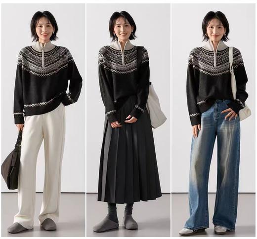 禾家同款冬日恋歌费尔岛羊毛混纺毛衣洋气提花半拉领率性毛衫 商品图12