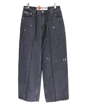 中性款泼墨做旧阔腿牛仔裤长裤 鹿晗同款hu016