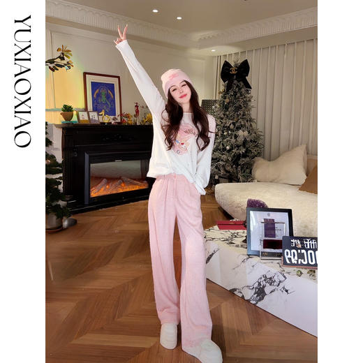 余潇潇【粉嫩星钻】绵羊毛混纺精致细闪珠片垂坠感高腰休闲直筒裤 商品图4