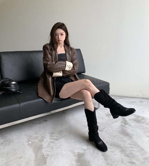 【孤品捡漏】M-DAY新款GZ堆堆靴百搭显瘦复古绒面粗跟高筒长靴（LH)154744037 商品图3