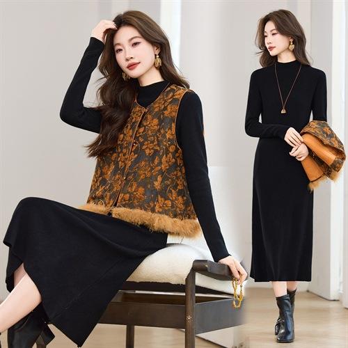 新中式加棉圆领雪尼尔提花拼接，毛毛马甲款两件套连衣裙HR-YBER621 商品图1