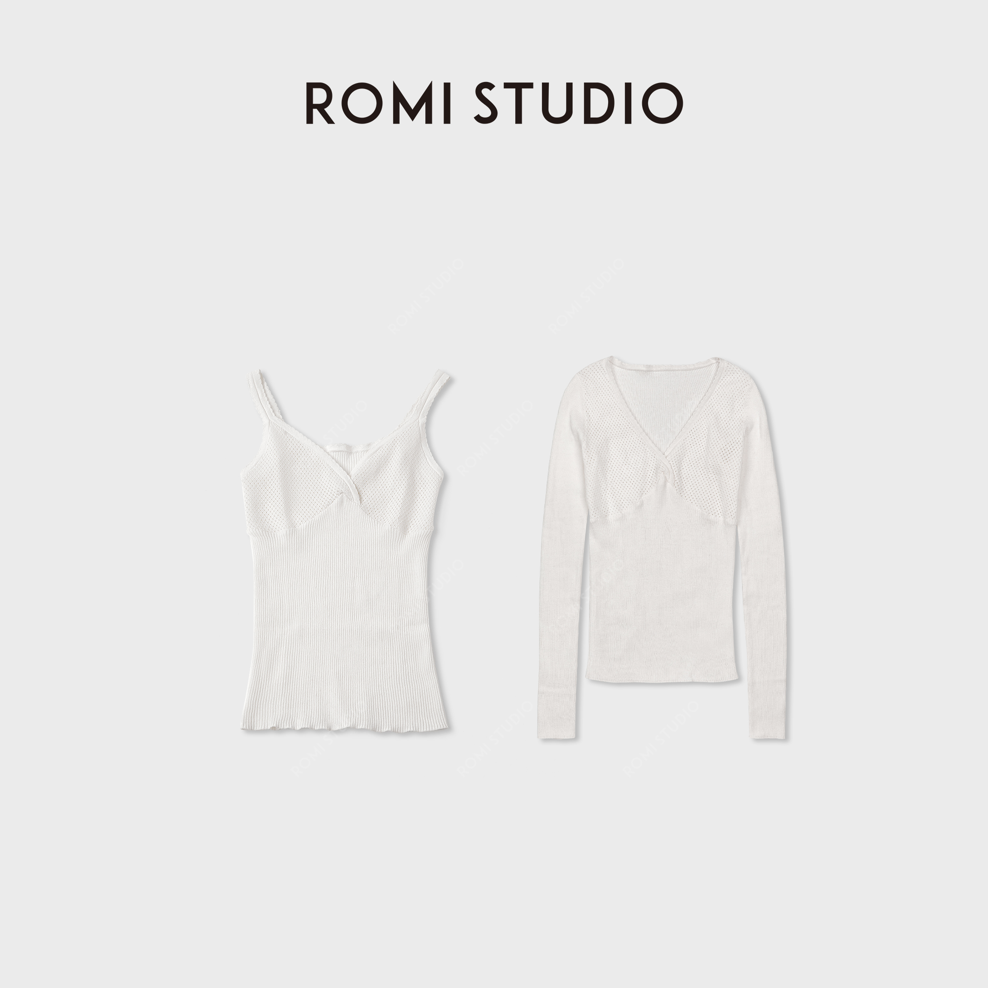 ROMI STUDIO“轻薄无物”16针缝合V领花边网面长袖/吊带RWCAS66139