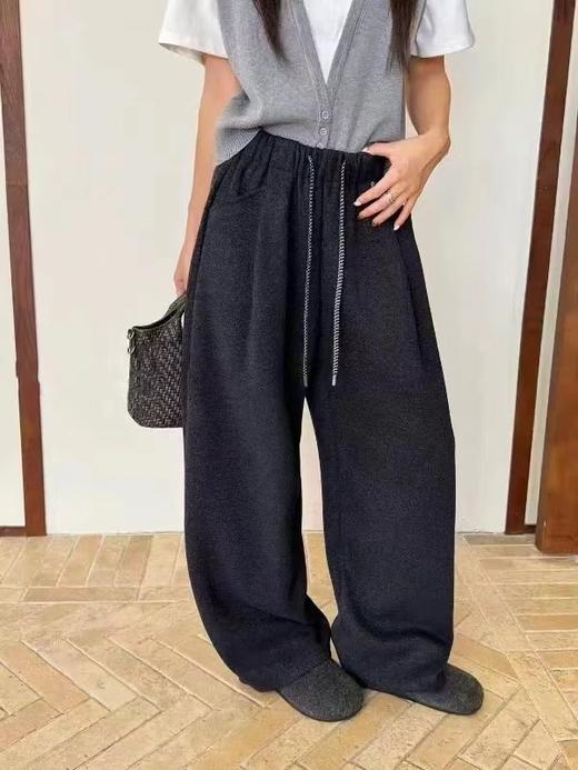 D110914加绒保暖毛呢直筒休闲裤女高腰抽绳宽松百搭呢子长裤 商品图6