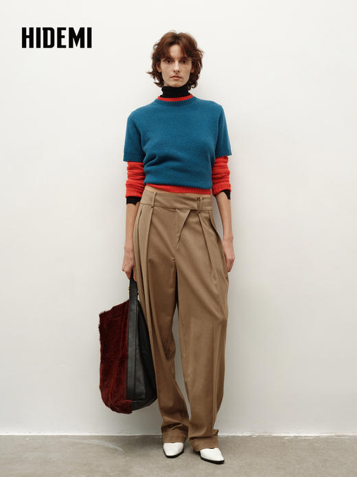 HIDEMI大秀款中高腰双褶立裁超显瘦款时装锥形裤卷边萝卜西裤长裤 商品图6