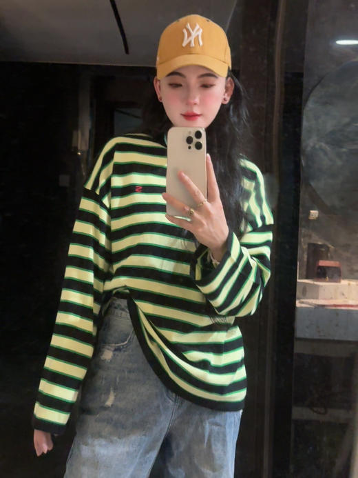 Sh＆ort Sent＆ence 撞色条纹圆领套头宽松长袖针织衫 （蕾姐上身S） 商品图2