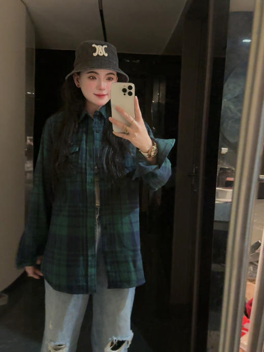 字母刺绣格子衬衫百搭宽松休闲风刺绣设计（波哥蕾姐上身M） 商品图3