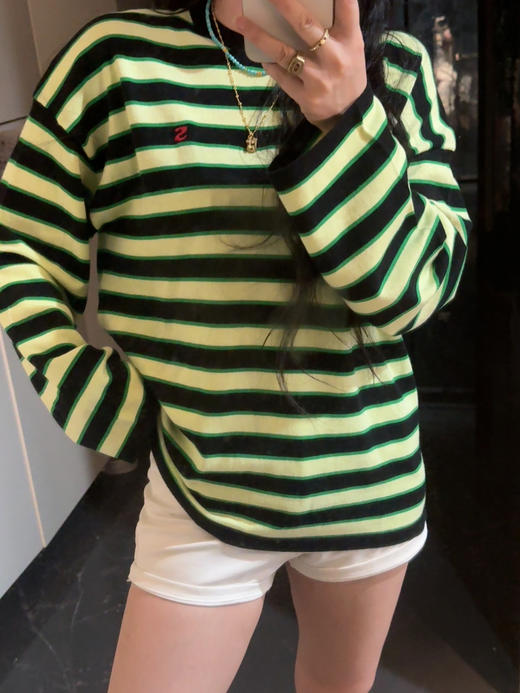 Sh＆ort Sent＆ence 撞色条纹圆领套头宽松长袖针织衫 （蕾姐上身S） 商品图4