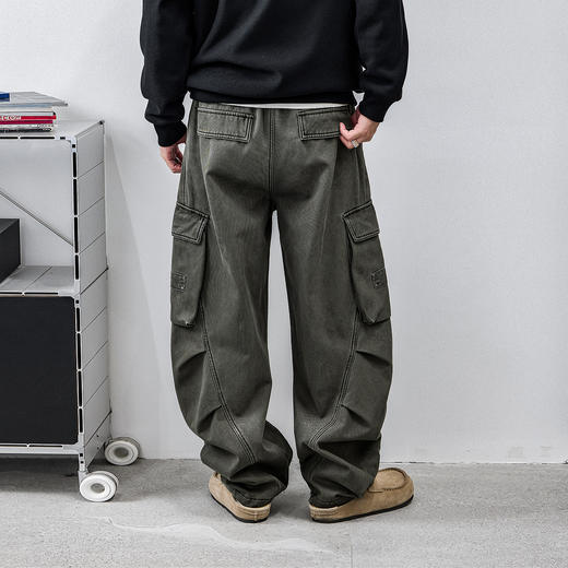 徐太浪【多口袋 立体裁剪】复古绿色工装裤男秋冬宽松直筒休闲裤 商品图2