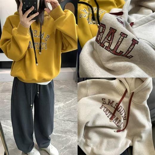 美式复古字母奥利绒数码印做旧连帽显瘦长袖卫衣 商品图11