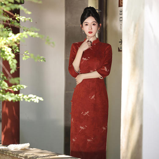 新中式国风订婚旗袍，长袖修身长款日常旗袍MLS7213 商品图2