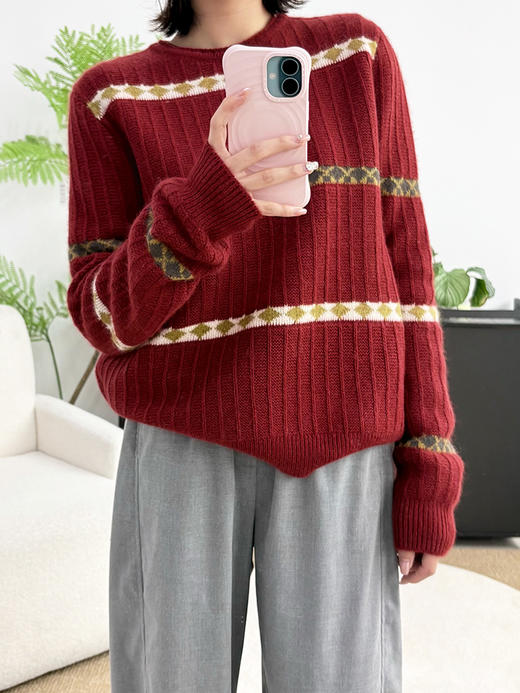 专柜实拍【自留款！兔毛+绵羊毛】拉夏贝尔/La Chapelle韩系圆领撞色菱格针织衫慵懒风宽松显瘦毛衣 商品图7