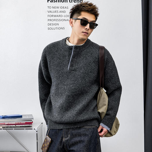 徐太浪【慵懒风 毛绒感】亨利领灰色毛衣男秋冬男装内搭针织上衣 商品图2