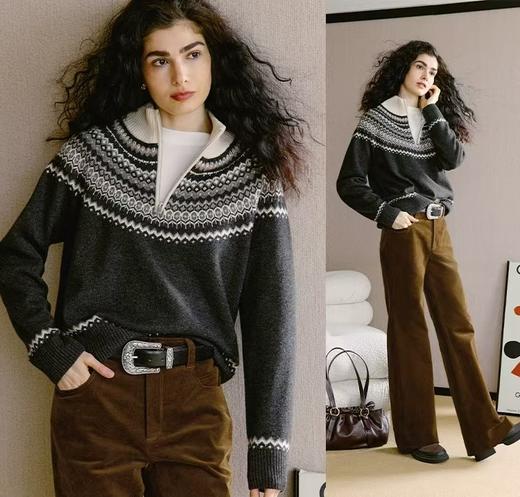 禾家同款冬日恋歌费尔岛羊毛混纺毛衣洋气提花半拉领率性毛衫 商品图5