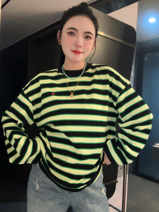 Sh＆ort Sent＆ence 撞色条纹圆领套头宽松长袖针织衫 （蕾姐上身S） 商品图5