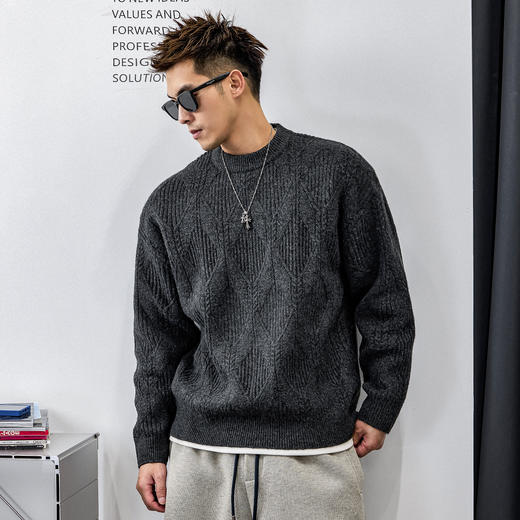 徐太浪【麻花纹 菱形扭花】灰色毛衣男秋冬大码男装针织打底上衣 商品图1