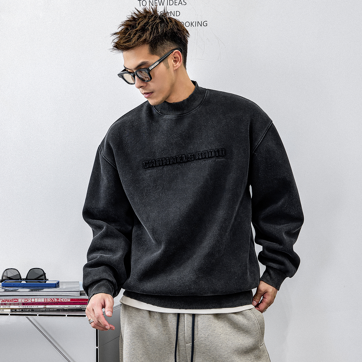 徐太浪【480g纯棉 字母刺绣】半高领卫衣男秋冬款保暖打底衫上衣