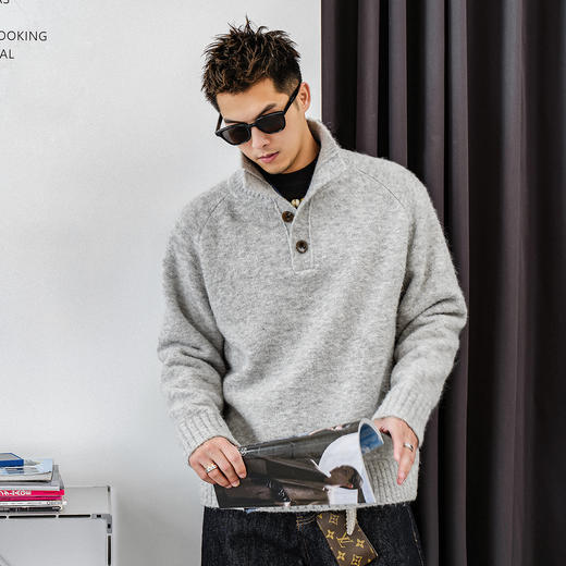 徐太浪【毛绒感 羊毛混纺】半开襟立领毛衣男秋冬保暖内搭打底衫 商品图1