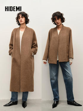 HIDEMI alpaca羊驼毛苏力烟草色长毛v领极简设计感大衣 长款/短款