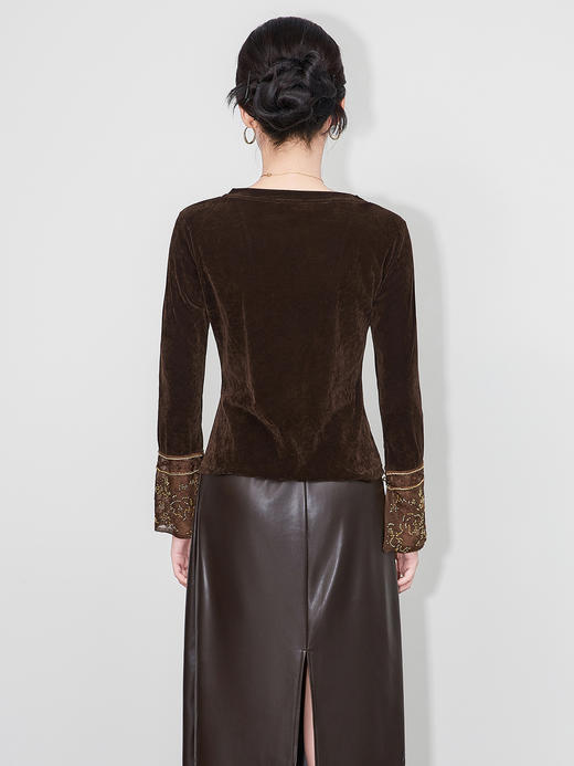 「高货wl」全新升级【铂金会员266/天猫359/差价93】(62649)洛诗琳复古别致丝绒打底衫2025重工钉珠刺绣欧根纱拼接上衣 商品图2