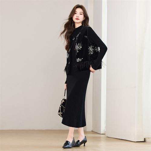 新中式加棉重工圆领毛毛，丝绒马甲款优雅两件套连衣裙HR-YBER620 商品图4