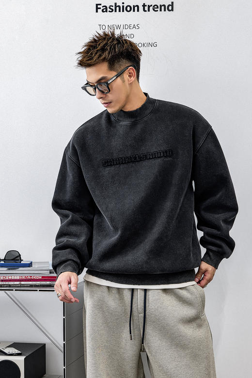 徐太浪【480g纯棉 字母刺绣】半高领卫衣男秋冬款保暖打底衫上衣 商品图4