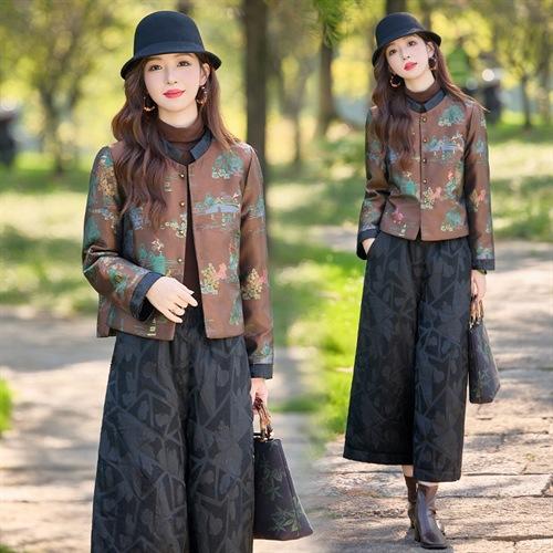 新中式短款提花羽绒短外套，阔腿九分羽绒裤两件套HR-SYY2718A-2 商品图1