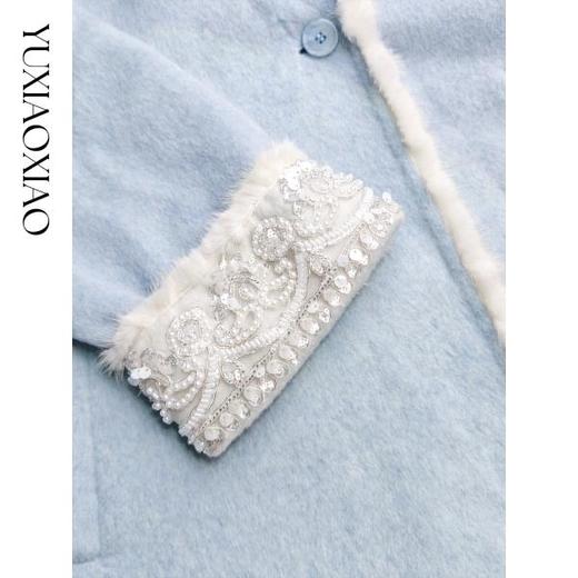 余潇潇【兰亭飞雪】国风古典羊毛混纺拼接水貂毛圆领宽松盘扣大衣 商品图2