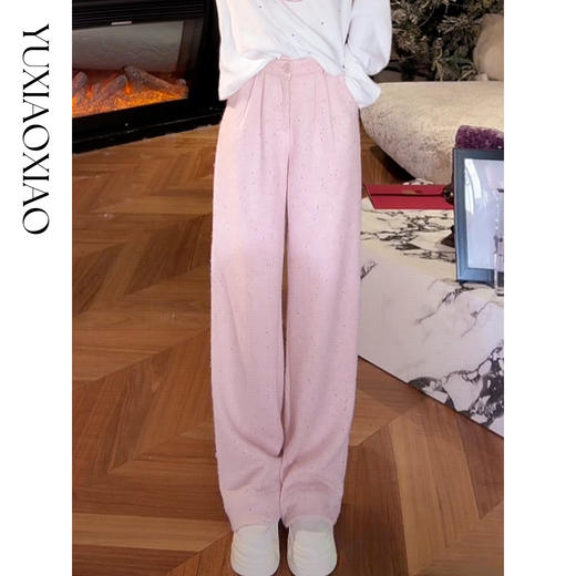 余潇潇【粉嫩星钻】绵羊毛混纺精致细闪珠片垂坠感高腰休闲直筒裤 商品图0