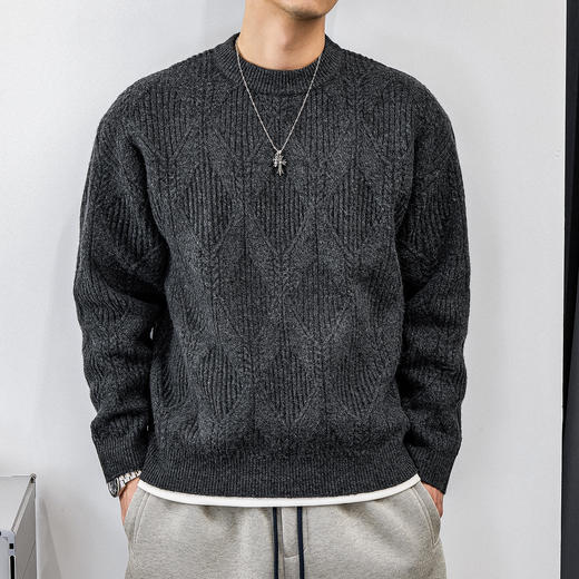 徐太浪【麻花纹 菱形扭花】灰色毛衣男秋冬大码男装针织打底上衣 商品图3