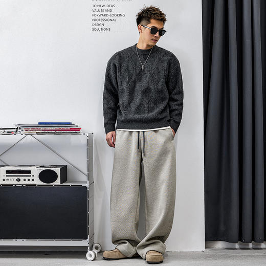 徐太浪【麻花纹 菱形扭花】灰色毛衣男秋冬大码男装针织打底上衣 商品图2