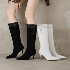 【预售7天】时尚蕾丝边高跟长靴，不过膝真皮尖头细跟直筒靴FDJ&YC-590