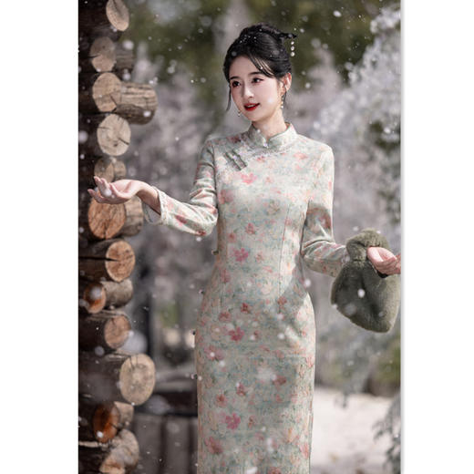 复古中国风长款加绒长袖旗袍，日常修身保暖旗袍GX-211112 商品图3