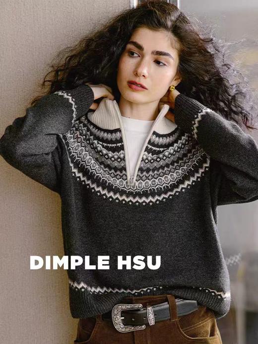 禾家同款冬日恋歌费尔岛羊毛混纺毛衣洋气提花半拉领率性毛衫 商品图0