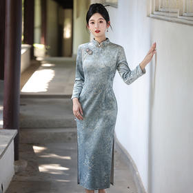手工盘扣年轻款牛奶丝提花，显瘦长款立领新中式旗袍MLS7219