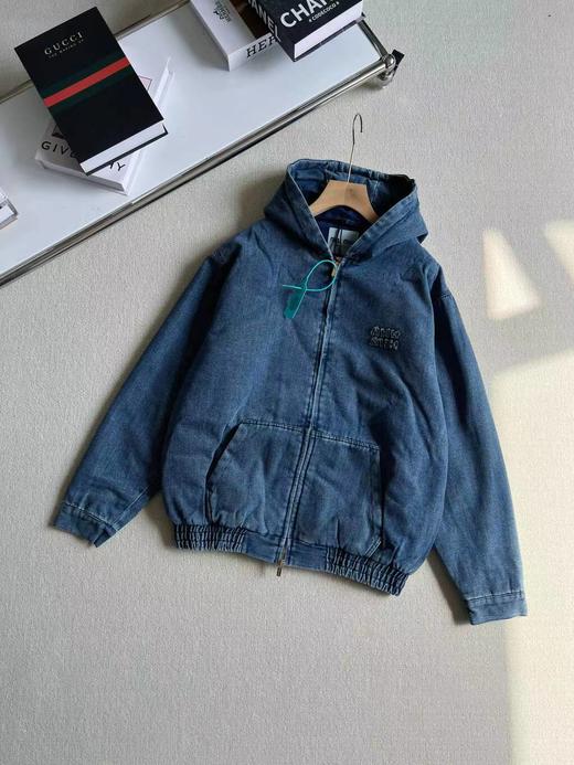 D110934新款贴布徽标字母水洗蓝男女情侣款牛仔连帽棉服 商品图5