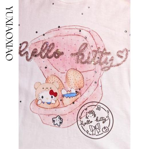 余潇潇【猫咪许愿池】时尚卡通印花渐变烫钻百搭宽松圆领长袖T恤 商品图2