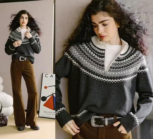 禾家同款冬日恋歌费尔岛羊毛混纺毛衣洋气提花半拉领率性毛衫 商品图6