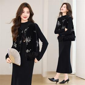 新中式加棉重工圆领毛毛，丝绒马甲款优雅两件套连衣裙HR-YBER620