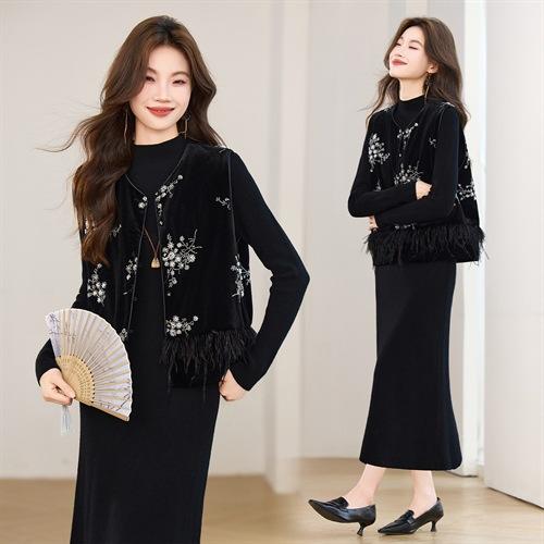 新中式加棉重工圆领毛毛，丝绒马甲款优雅两件套连衣裙HR-YBER620 商品图0