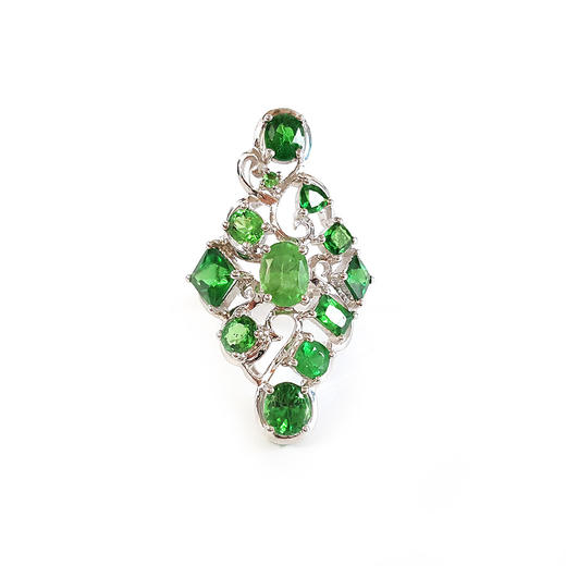 【天然正品】AU750白金群镶天然复古宫廷风设计师款翠绿沙弗莱戒指女士14号（戒圈可改）311025TJ28现售价：6880 商品图0