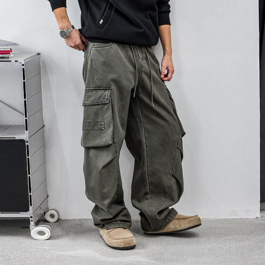 徐太浪【多口袋 立体裁剪】复古绿色工装裤男秋冬宽松直筒休闲裤 商品图3