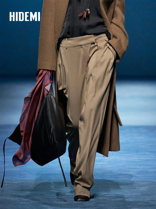 HIDEMI大秀款中高腰双褶立裁超显瘦款时装锥形裤卷边萝卜西裤长裤 商品图1