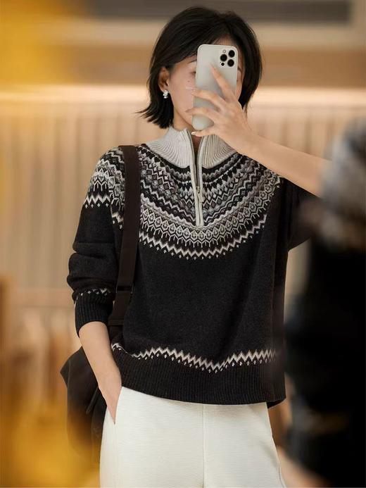 禾家同款冬日恋歌费尔岛羊毛混纺毛衣洋气提花半拉领率性毛衫 商品图8