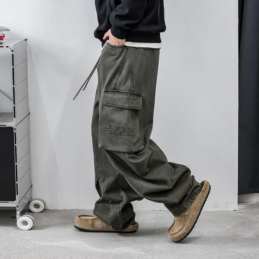 徐太浪【多口袋 立体裁剪】复古绿色工装裤男秋冬宽松直筒休闲裤 商品图1