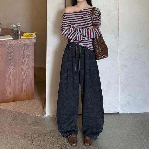 D110914加绒保暖毛呢直筒休闲裤女高腰抽绳宽松百搭呢子长裤 商品图5